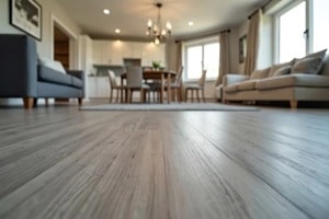 low angle shot focuses on luxury vinyl plank flooring inside Chesapeake, VA home